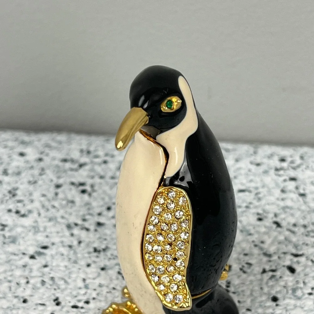 Penguin‎ Trinket Box Enameled Metal Rhinestone Hinged Collectible